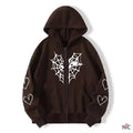 Sp5der Inspired Zipper Web & Heart Print Hoodie Brown