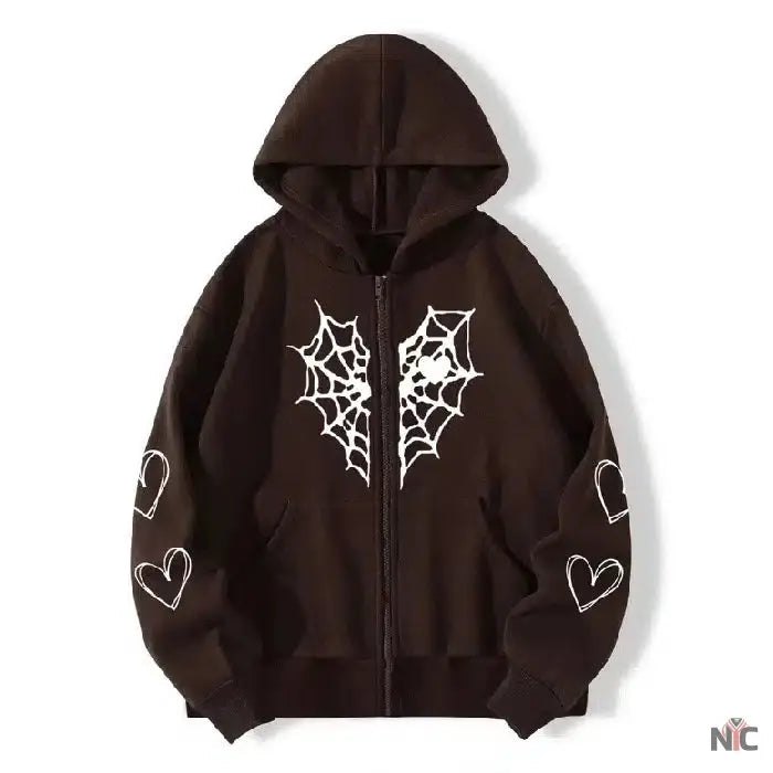 Sp5der Inspired Zipper Web & Heart Print Hoodie Brown