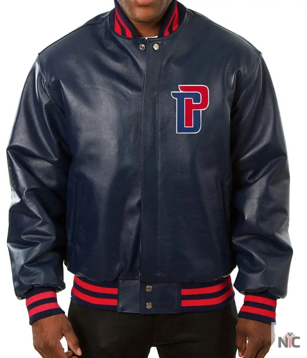 Varsity Detroit Pistons Inspired Navy Blue Leather Jacket