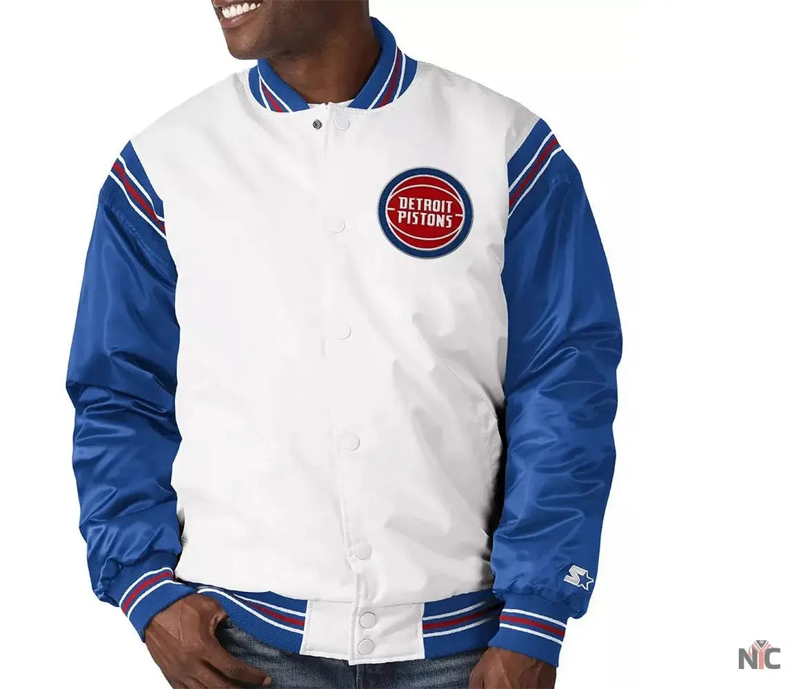 White/Blue Detroit Pistons Inspired Renegade Varsity Satin Jacket